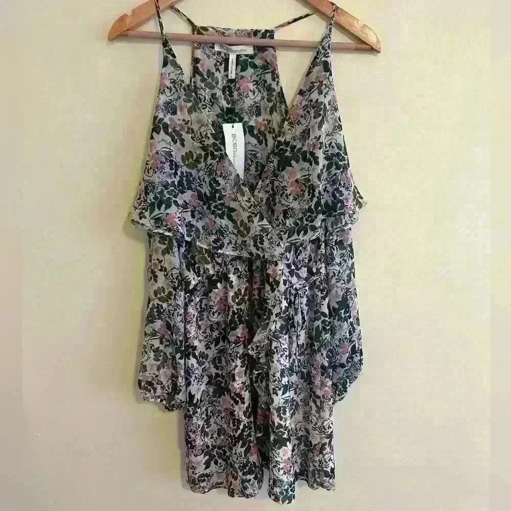 NWT BCBGeneration Floral Cold-Shoulder Ruffle Wrap Mini Dress Size Small